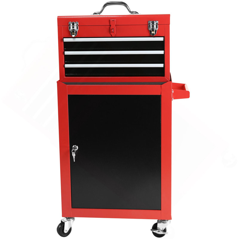Coffre à outils à 3 tiroirs avec roulettes, coffre à outils avec grande armoire de rangement et tablette réglable, coffre supérieur portable amovible avec coffre à outils pour le garage et l'entrepôt