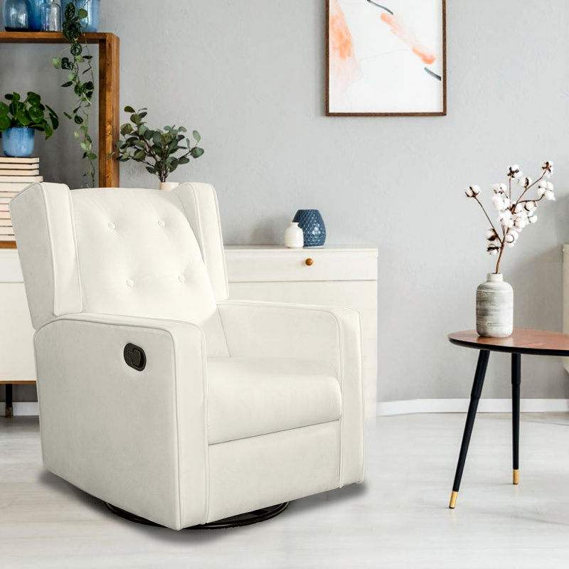 Khyara 30" Wide Contemporary Soft Touch Swivel Rocker Recliner, Manual Recliner Chair, Bright White Microfiber