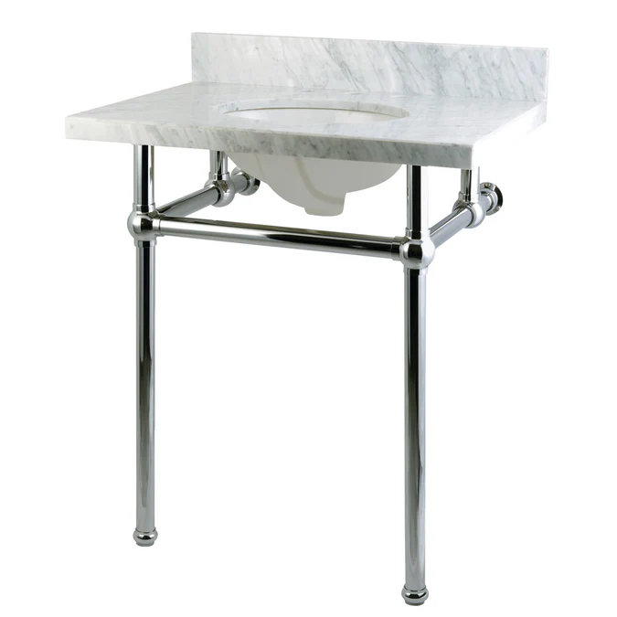 Comptoir de meuble-lavabo Templeton 30 po avec pieds en laiton Kingston (8 po, 3 trous), Marbre de Carrare / nickel brossé