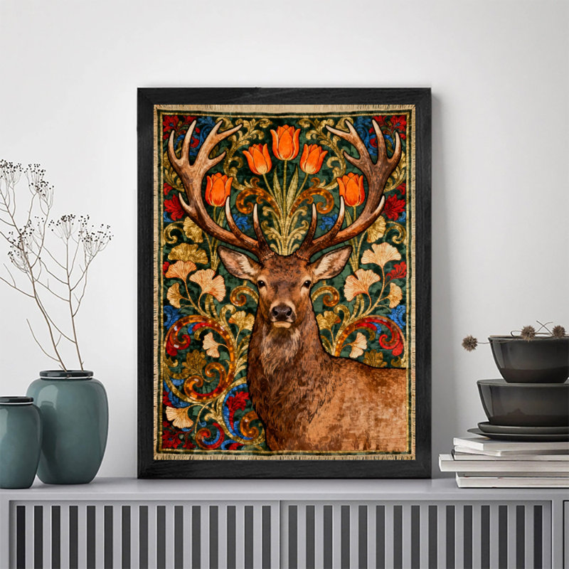 Art mural rétro noir avec encadrement noir William Morris, cerf blanc, H 11 po x l 9 po