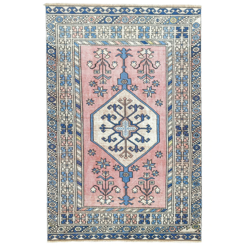 Tapis bleu en laine rétro années 1980 de conception unique 3 pi 10 po x 5 pi 10 po