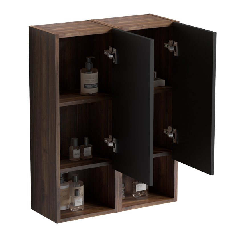 Armoire de rangement noire et noyer pour petits espaces, modèle Mid-Century 14 pouces, textures rayées chics, rangement ouvert, panneaux de qualité E1, rails, charnière avec test de rouille de 48 heures, 50 000