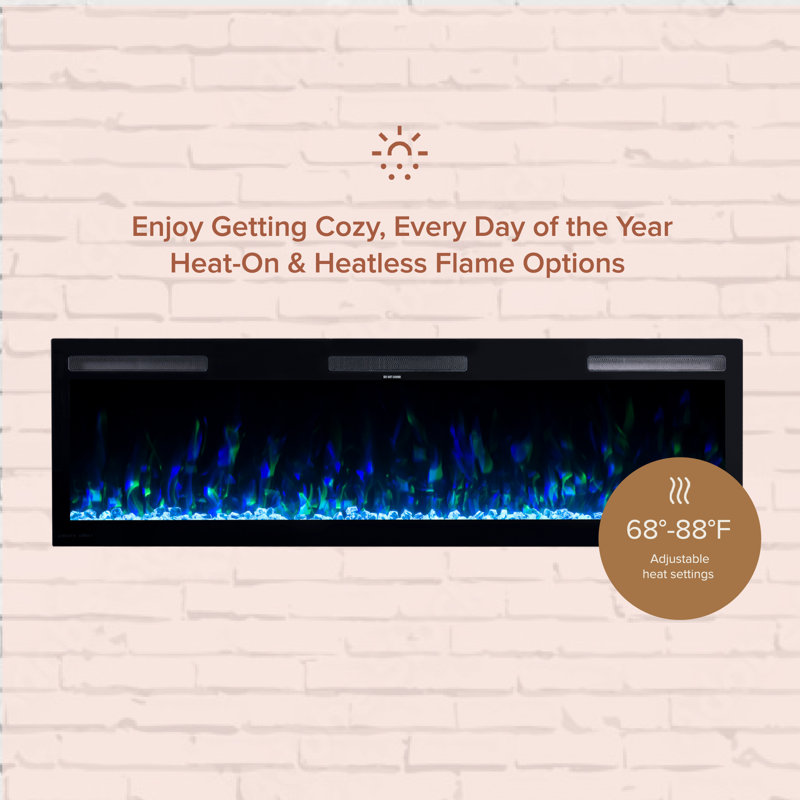 Vibrance Recessed or Wall Mounted Electric Fireplace Heater, Multi-Flame Colors, Voice Assistant Compatible, Logs & Crystals, Remote Control