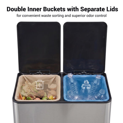 16 Gallon (2 x 8 Gal/2 x 30L) Dual Compartment Kitchen Trash Can & Recycling Bin - Stainless Steel Step Pedal - Soft-Close Odor-Blocking Lid - 2 Removable Inner Buckets - Black