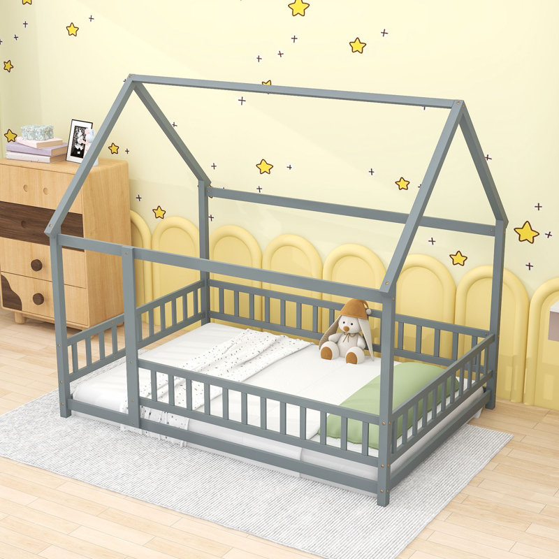 Lit sur pied en bois avec rails de sécurité et toit, Gris, Double