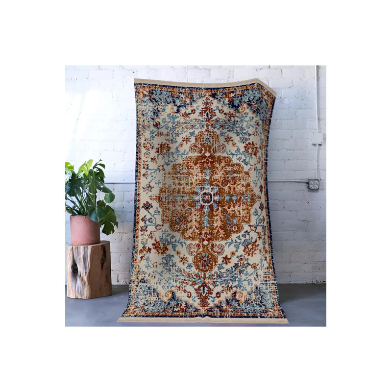 Tapis décoratif bleu à motif traditionnel, Rectangle 3 pi 11,24 po x 5 pi 10,87 po
