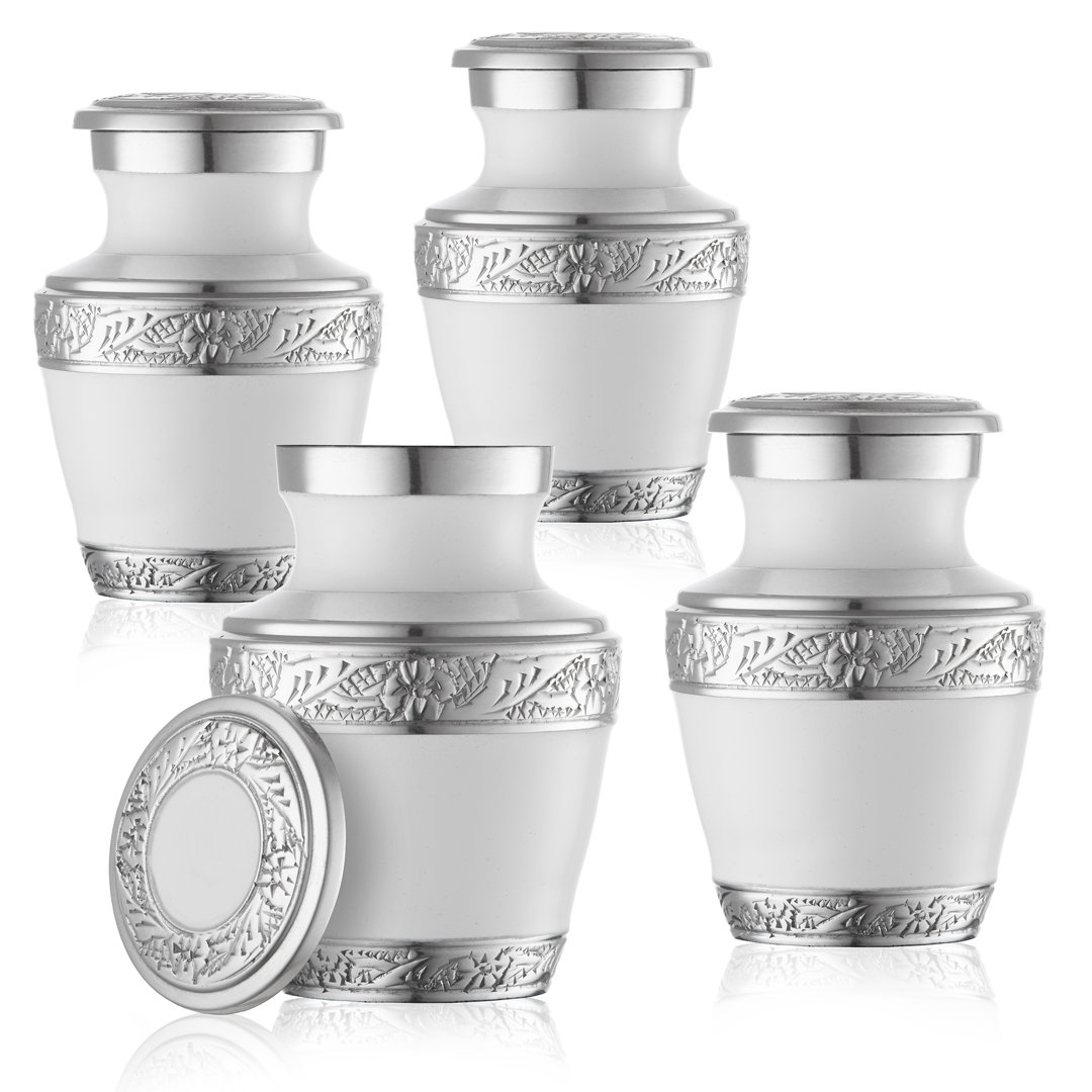 Decorative Miniature Keepsake Memorial Urns, White and Silver (Set of 4) Reminded