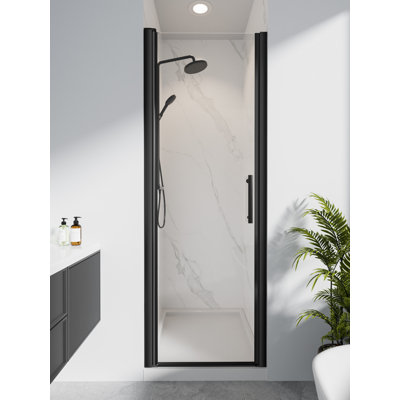 Porte de douche pivotante en verre de 26 po à 28 po x H 72 po avec demi-cadre en verre trempé et poignée certifiée par l'ANSI