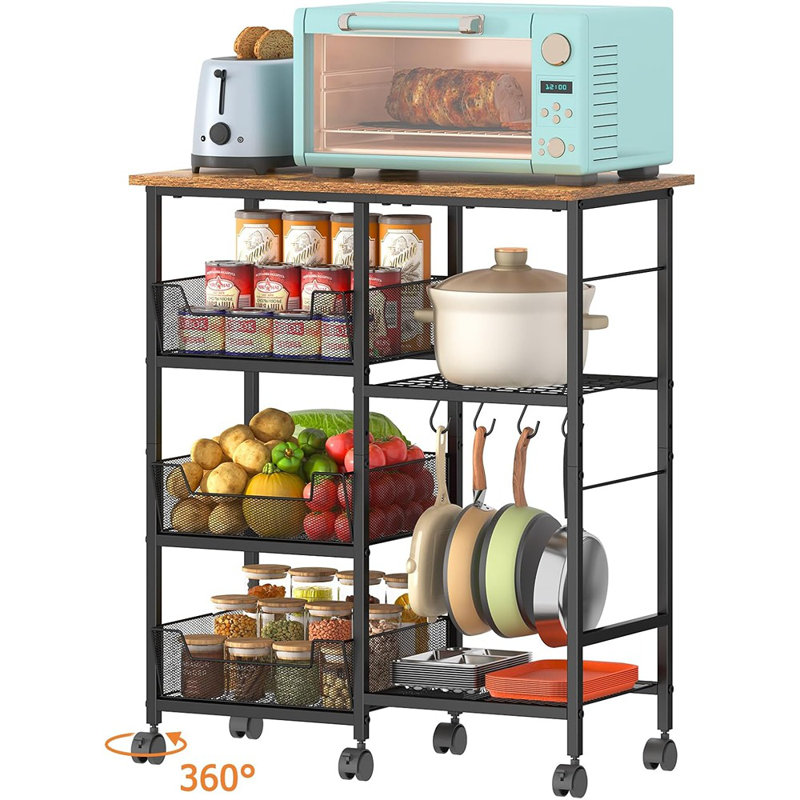 Rolling Kitchen Storage Microwave Cart With Adjustable Shelf On Lockable Wheels, Kitchen Island Cart With Countertop Baker’S Rack With Tilt-Out Baskets For Kitchen, Coffee Bar, Or Living Room