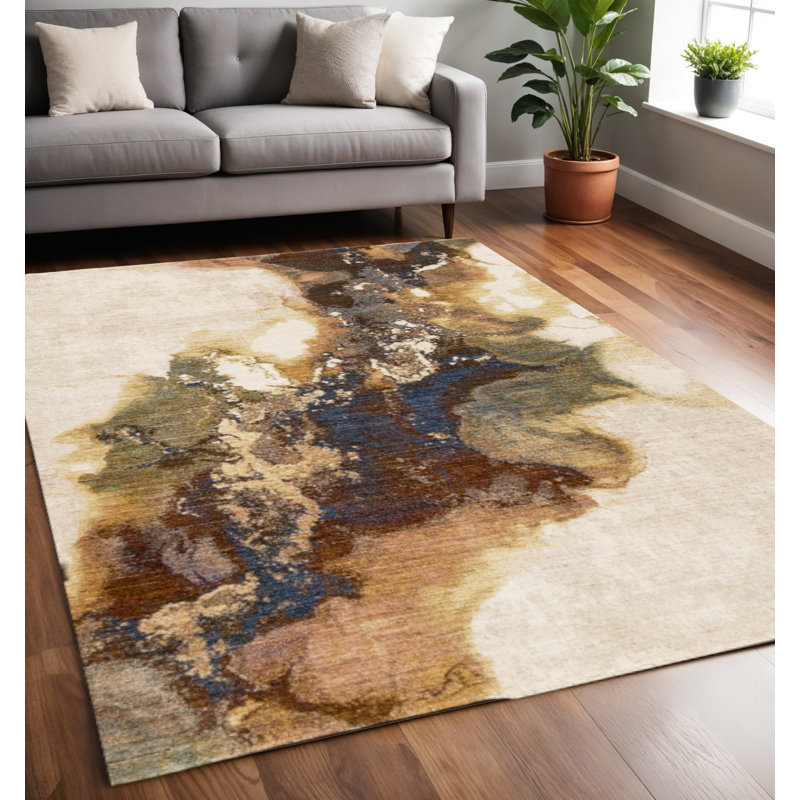 Tapis abstrait beige et bleu 5 pi x 8 pi