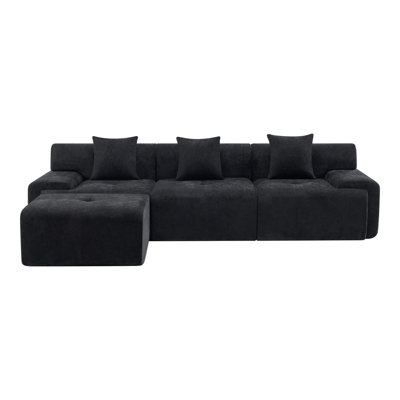Canapé modulaire Belvedere 118 po en chenille noire de Gracie Mills avec pouf et coussins décoratifs