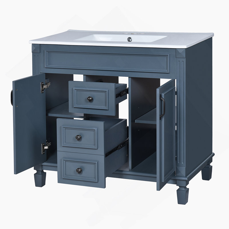 Meuble-lavabo 36 po avec lavabo supérieur, armoire de rangement moderne avec 2 portes à fermeture douce et 2 tiroirs, meuble-lavabo simple