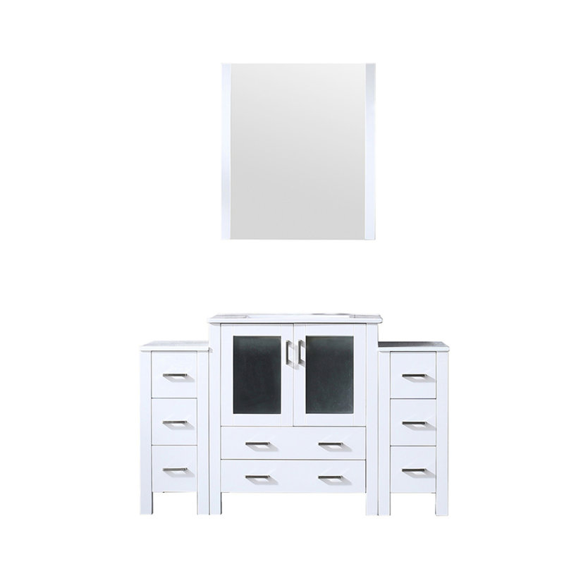 Meuble-lavabo simple blanc 54 po L 18,25 po, mécanisme de fermeture en douceur, plateau en céramique avec armoires latérales, miroir 28 po, grattoir