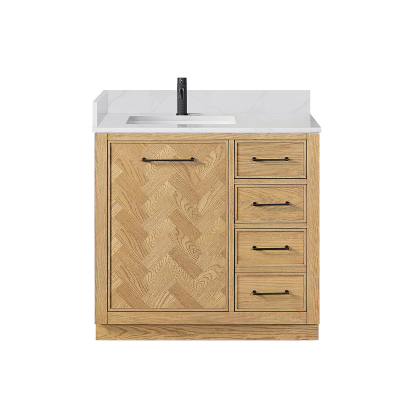 Meuble-lavabo simple 36 po avec plateau en pierre de quartz blanc Jakarta, Chêne brun clair patiné, Noir mat