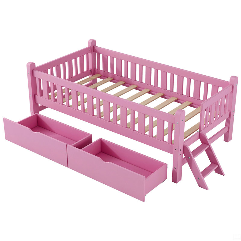 Wood Twin Size Platform Bed With Guardrail And 2 Drawers, Pink