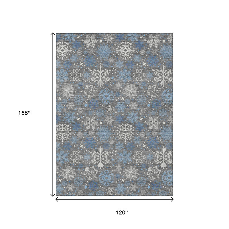 Tapis extérieur lavable en flocon de neige gris, bleu et ivoire 10 pi x 14 pi