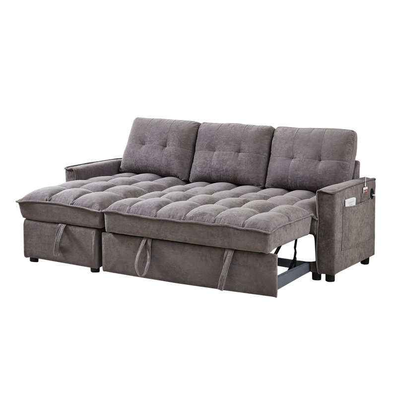 Canapé-lit modulaire en L 71 po avec méridienne de rangement en cuir et canapé-lit réversible convertible moderne avec ports USB et poche latérale
