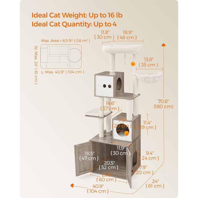 Arbre à chat avec bac à litière, tour à chat moderne 2-en-1, condo pour chat de 70,8 pouces de hauteur avec poteaux à griffer