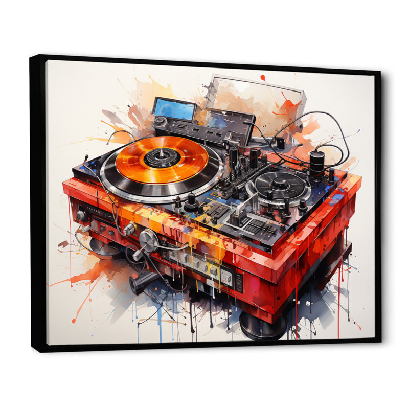 Abstrait, platines tournantes musicales, "Boom Boxes II" sur toile, Cadre flottant noir, H 30 po x l 40 po x P 1,5 po