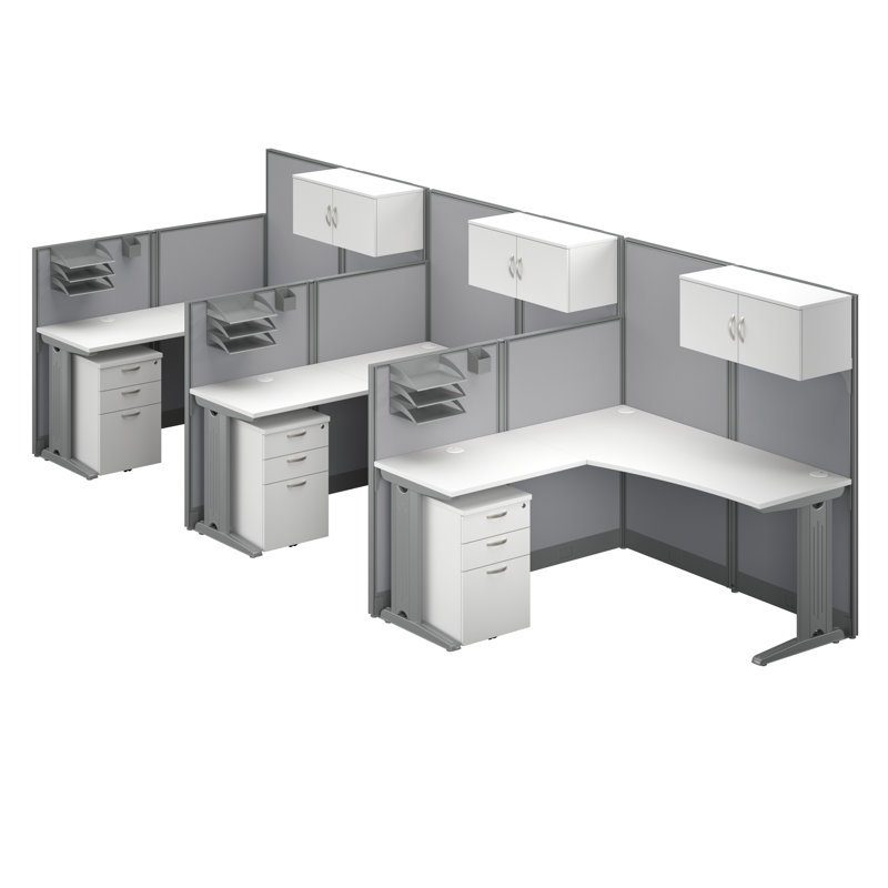 Office In An Hour L-Shaped 3 Person Cubicle with Cable Management, Pure White