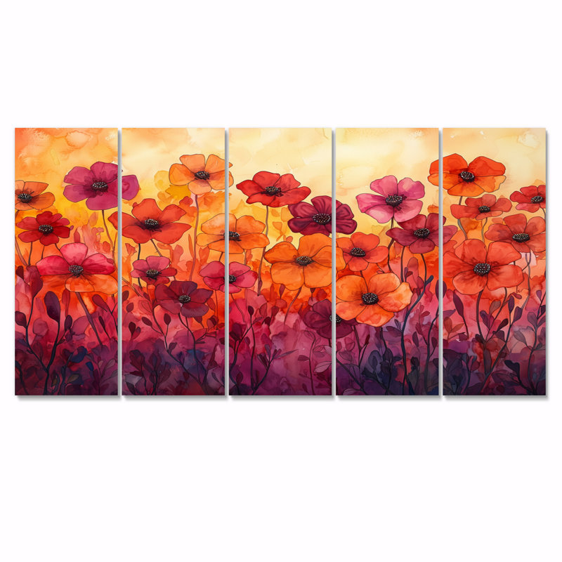 Orange dansant parmi les fleurs sauvages IV - Art mural fleurs sauvages - ensemble d'art mural traditionnel 5 pièces