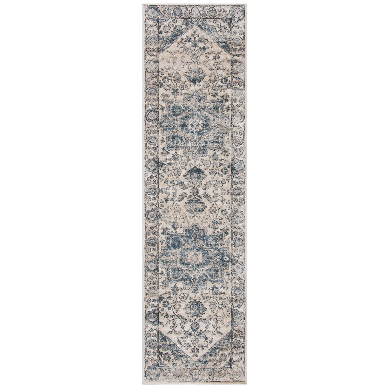 Ivory and Blue Handmade Wool Runner Rug, 2'2" x 6'