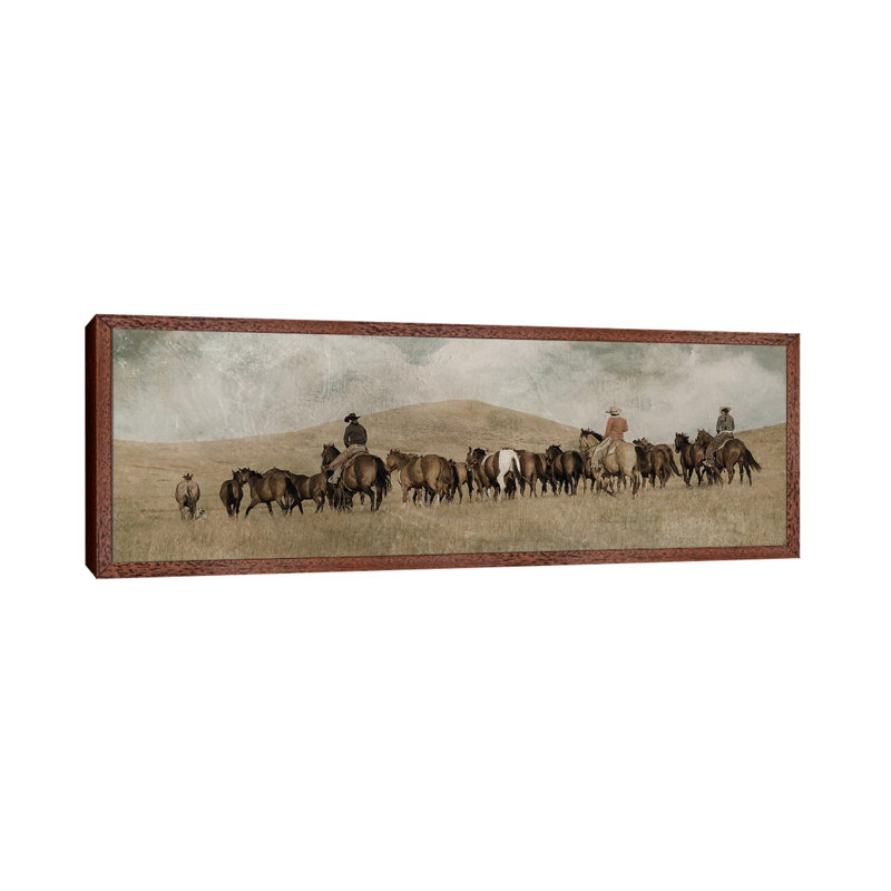 3 Girls Round Up by Rhonda Thompson - Panoramic Painting on Canvas, Classic Brown Wood Framed
