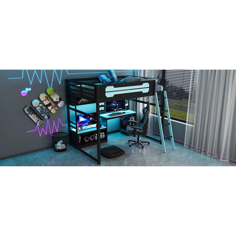 Lit mezzanine double avec bureau, tablettes, ports, éclairage à DEL et en noir + - Améliorez votre espace de jeu, les lumières de la structure en bois massif combinent style, fonctionnalité et confort.
