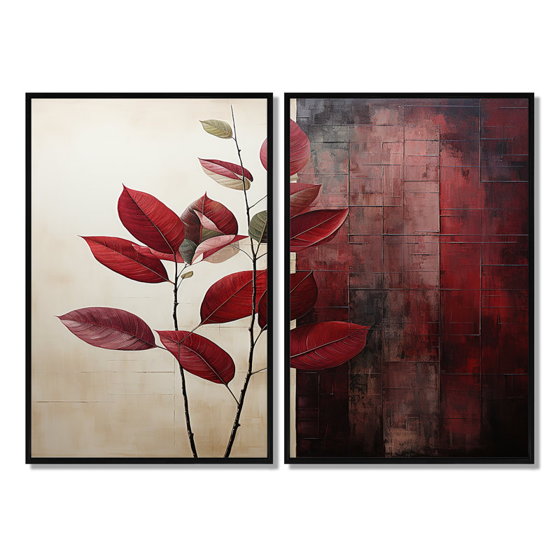 Bordeaux Bold Leaf II - Red Wall Decor, Floater Framed Print, Black, 36" H x 48" W