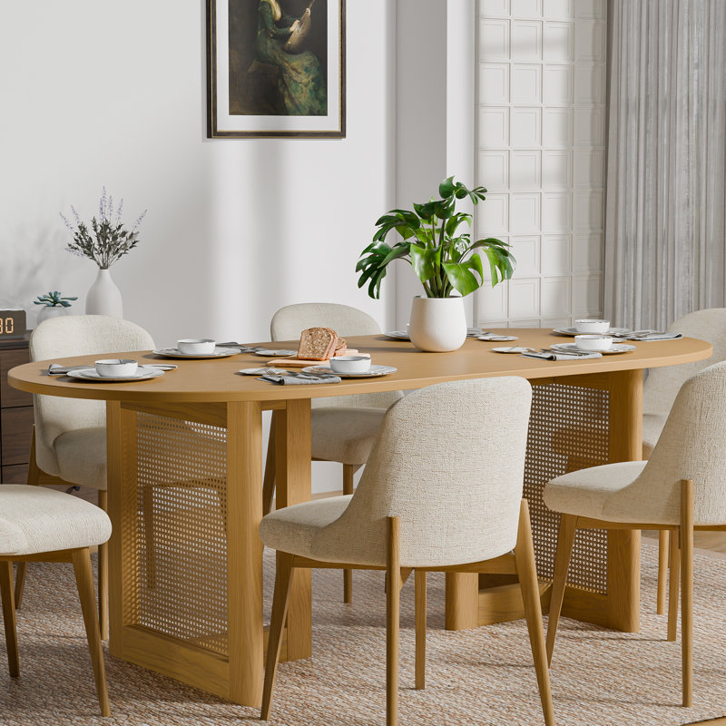 Wood Dining Set With Oval Table And Upholstered Chairs-B, 30" H x 67" L x 33.5" W, Natural Wood