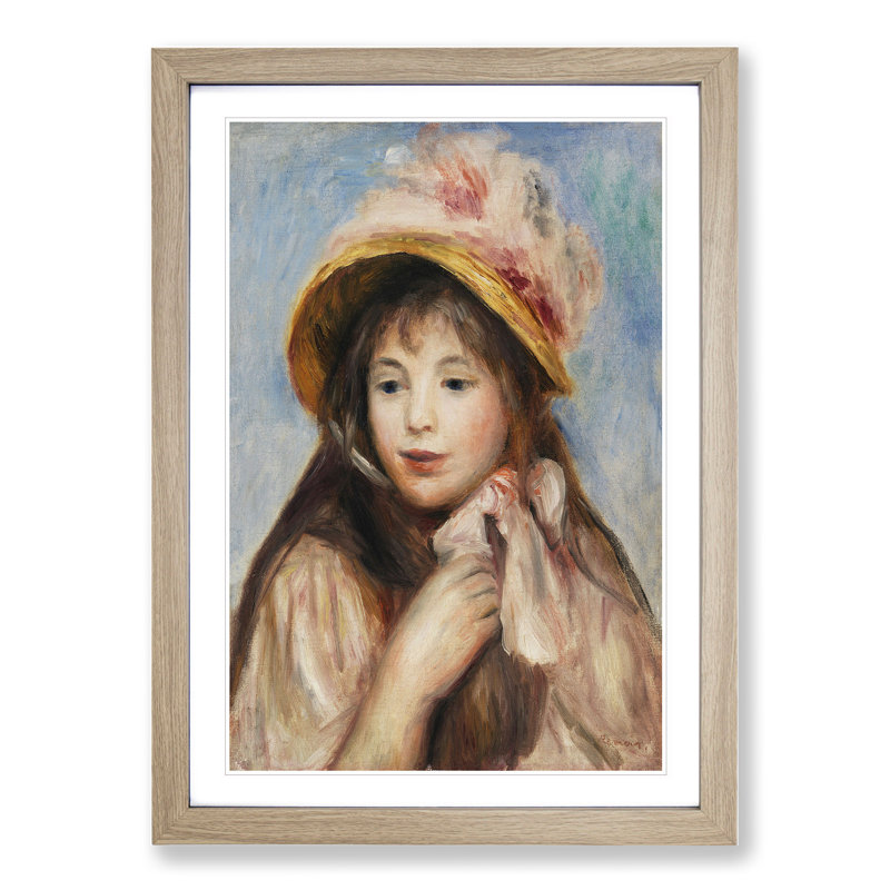 Pink Bonnet by Pierre-Auguste Renoir - Picture Frame Painting, 36cm H x 27cm W x 2cm D, Oak Framed