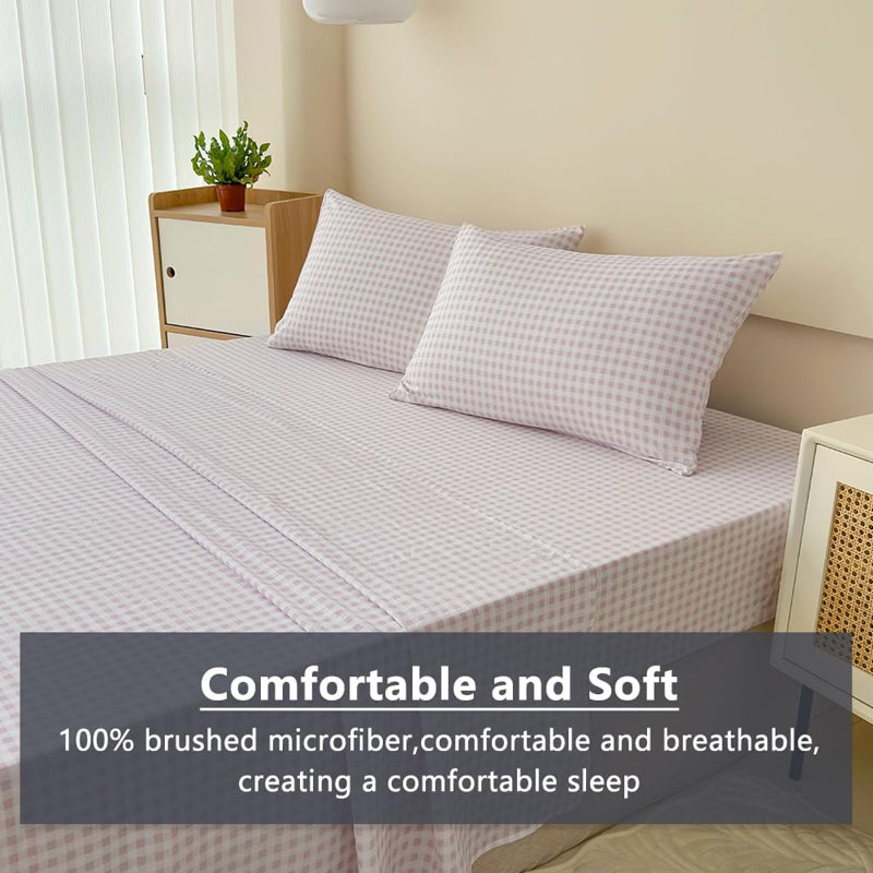 Gingham Sheet Set, Pre-Washed Microfiber Ultra-Soft Plaid Grid Sheets, Queen Sheet Set + 2 Pillowcases, Pink Gingham