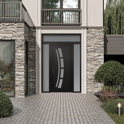 C12 Right-Hand 68 In. X 96 In. Panel Black Steel Black And White Frosted Glass With 2 Sidelites And Transom Frosted Glass Prehung Front Entry Door
