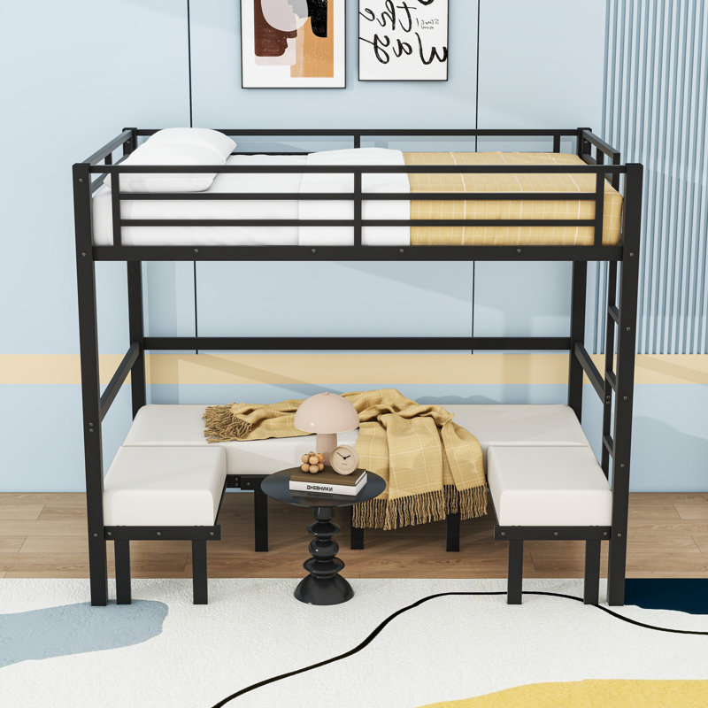 Lit superposé en métal avec rail supérieur, lit inférieur coulissant et canapé en forme de U, Lit superposé double sur double