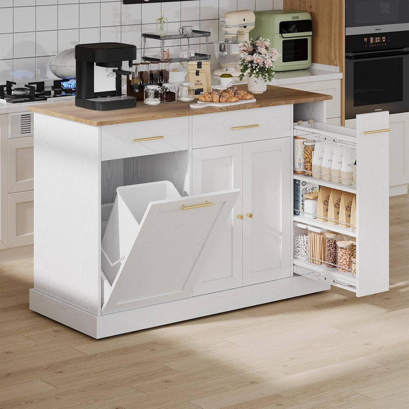 Îlot de cuisine sur roulettes avec rangement pour poubelle, table d'îlot portable pour la cuisine, Naturel / Blanc