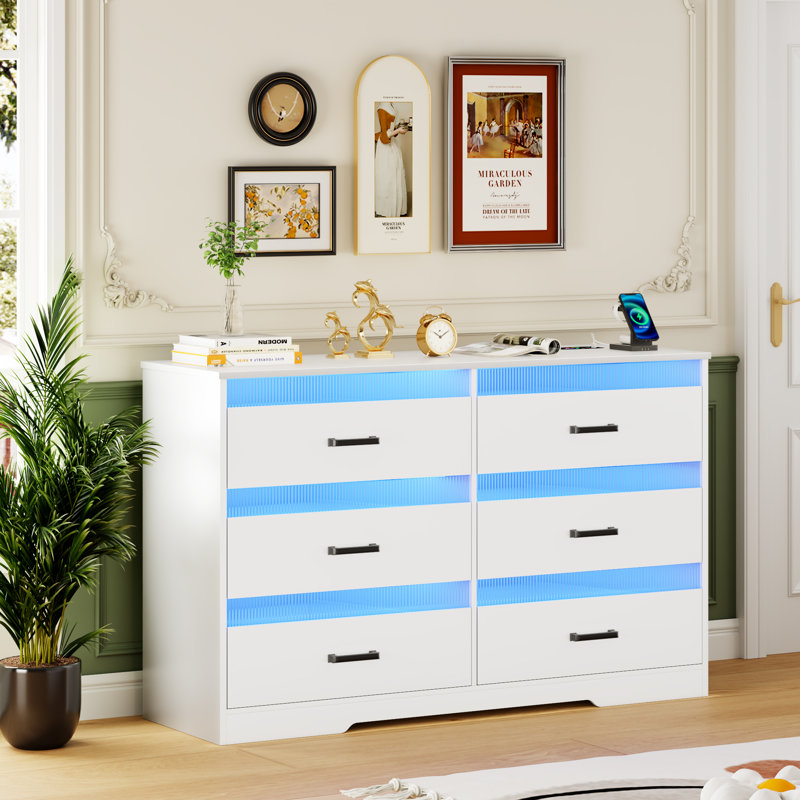 6-Drawers Dresser With LED Light and USB Port, White
