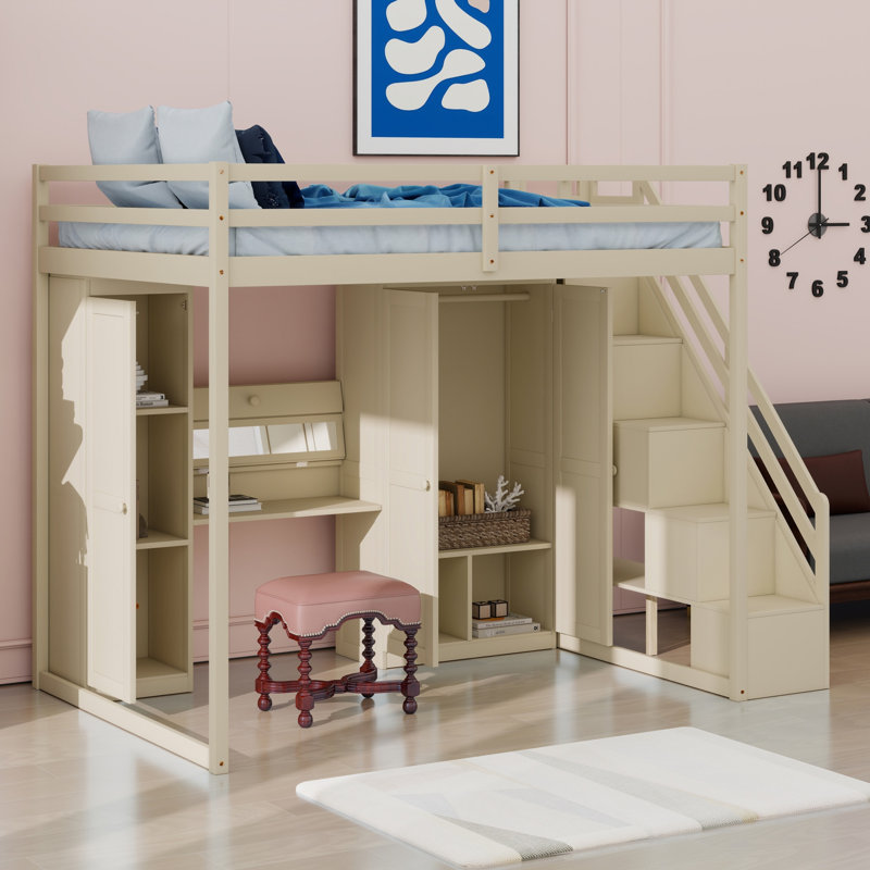 Loft Bed  With Storage Staircase, Dressing Table, Wardrobe, USB Charging Ports, Beige