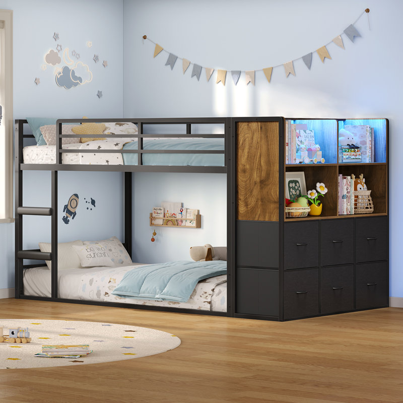 Twin Bunk Beds With Led Lights & Storage, 6 Drawers,twin Over Twin Bunk Bed, Metal Low Bed With Safety Ladder And Guardrail,space Saving
