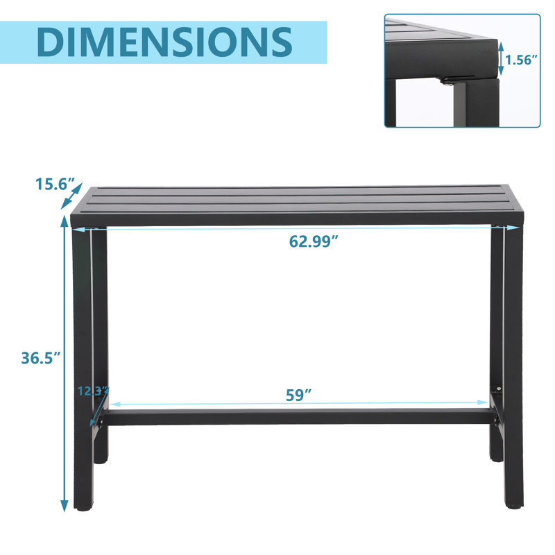 Counter Height 36.97'' Iron Bar Table, 15.6" W x 62.99" L, Black