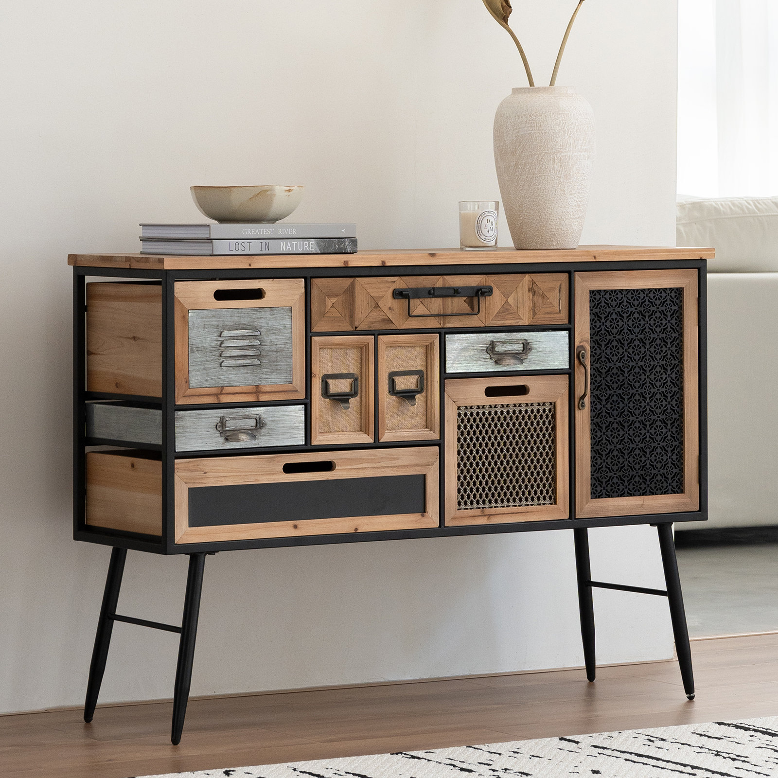 Ebern Designs Industrial Modern Console Cabinet, Multi-Drawer Storage ...