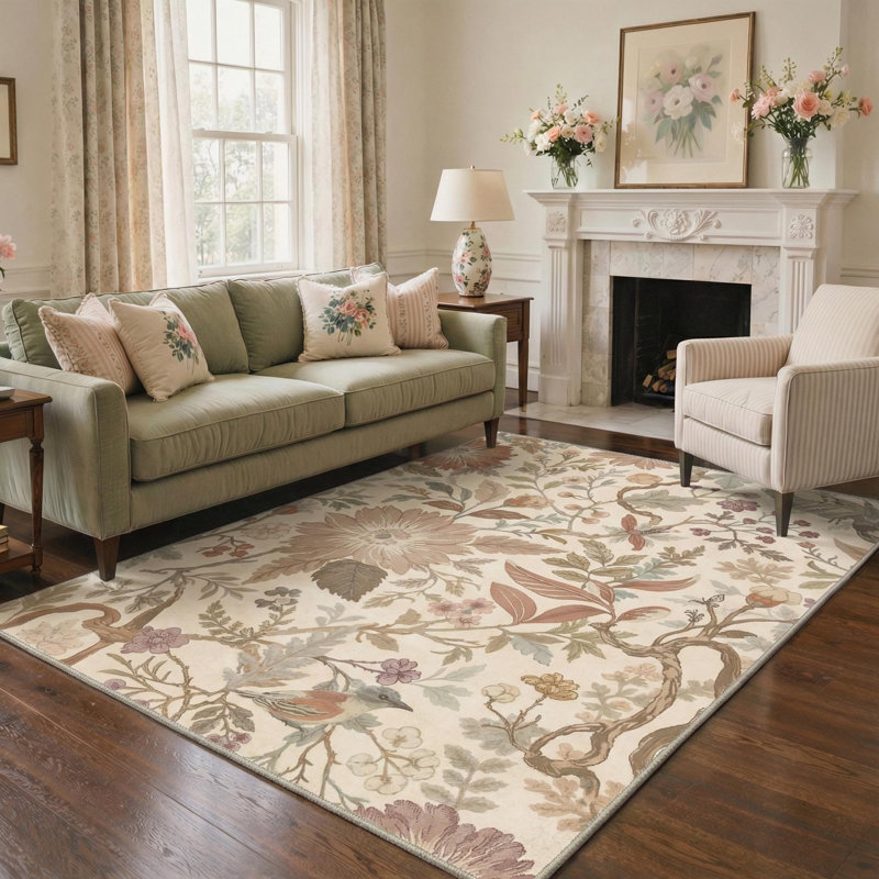 Clermont Veridian Floral Machine Washable Beige Indoor Area Rug with Non-Slip Backing, Rectangle 8' x 10'