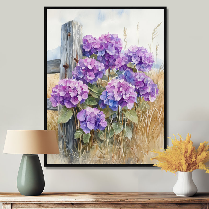 «Emily Hydrangeas At The Farm Fence I - Hydrangea», art mural, H 20 po x l 12 po, Reproduction avec cadre flottant, Noir