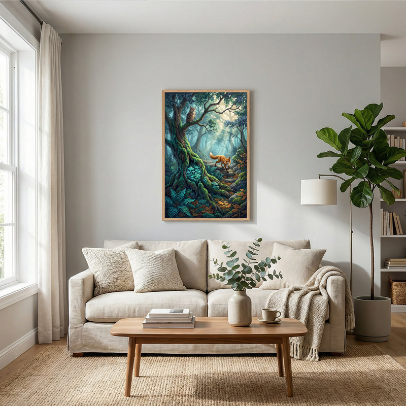 «Red Fox and Owl in Misty Forest with Glowing Mushroom», art mural sur toile, H 24 po x l 18 po