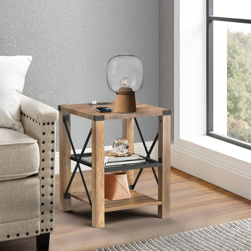 Eidelweiss Tall End Table Nightstand with 2 USB Ports, 2 Power Outlets, and 2 Storage Shelves, Rustic Oak