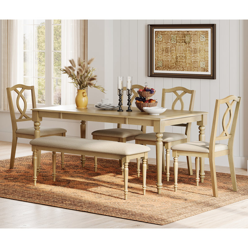6 Piece Dining Table Set - Includes One Dining Table, One Upholstered Bench, 4 Wood Dining Chairs, Farmhouse Dining Set, Oak