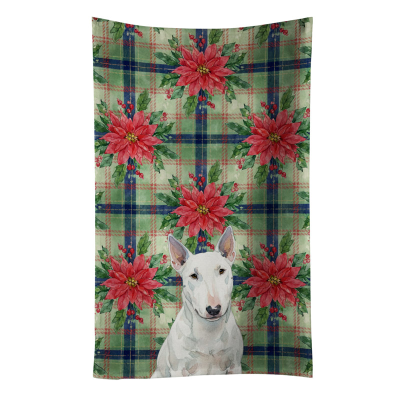 White Miniature Bull Terrier Christmas PoinsettIas Kitchen Towel, White Miniature Bull Terrier