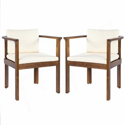 Ensemble de 2 chaises de salle à manger d'extérieur avec accoudoirs courbés en bois d'acacia et coussins crème