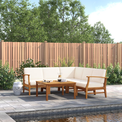 Allieana Modern Acacia Wood 6-Piece Outdoor Sectional Seating Group with Water-Repellent Cushions and Modular Latch Design by Lark Manor
