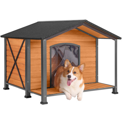 Dog House Outdoor with Porch, Anti-Chewing Iron Frame, Weatherproof Large Wooden Dog Kennel Outside with Removable Floor, Elevated Base & PVC Curtain, Extra Large