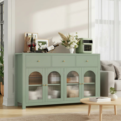 This Large, Green Sideboard Combines The Functions Of A Dining Table Sideboard And A Coffee Bar, Featuring A 3-Drawer + 4-Glass-Door Design For Organized Storage.